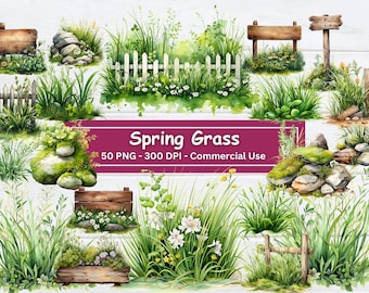 Watercolor Spring Grass Clipart Bundle, 50 PNG Set, Card Making, Summer Greenery Clip Art, Digital Paper Craft, Commercial Use