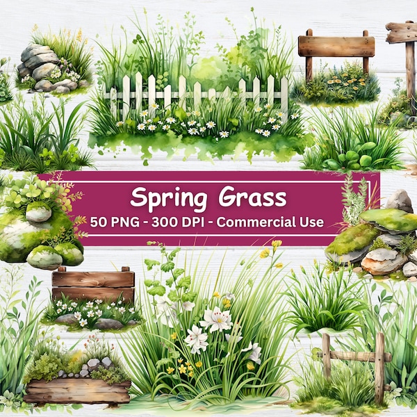 Watercolor Spring Grass Clipart Bundle, 50 PNG Set, Card Making, Summer Greenery Clip Art, Digital Paper Craft, Commercial Use