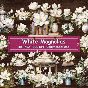 Aquarelle White Magnolia Clipart Bundle, 40 PNG Set, Spring Flowers Clip Art, Garden Floral, Botanique, Fabrication de cartes, Artisanat en papier numérique