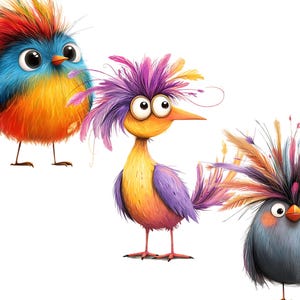 Peut inclure: Trois oiseaux de dessin anim&eacute; avec des plumes color&eacute;es et de grands yeux. L'oiseau &agrave; gauche est bleu, orange et rouge. L'oiseau au centre est jaune, violet et rose. L'oiseau &agrave; droite est gris avec une couronne de plumes color&eacute;es.
