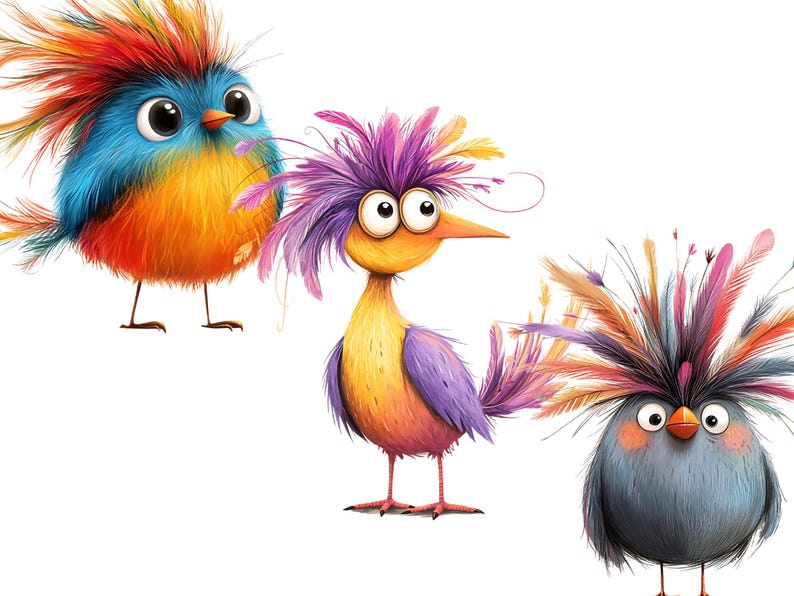 Peut inclure: Trois oiseaux de dessin anim&eacute; avec des plumes color&eacute;es et de grands yeux. L'oiseau &agrave; gauche est bleu, orange et rouge. L'oiseau au centre est jaune, violet et rose. L'oiseau &agrave; droite est gris avec une couronne de plumes color&eacute;es.