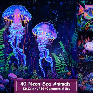 Neon fluorescerende zeedieren papierbundel, JPG set van 40, gloeiende fantasievis, Axolotl, kwallen, zeepaardje, octopus, dolfijn, schildpad