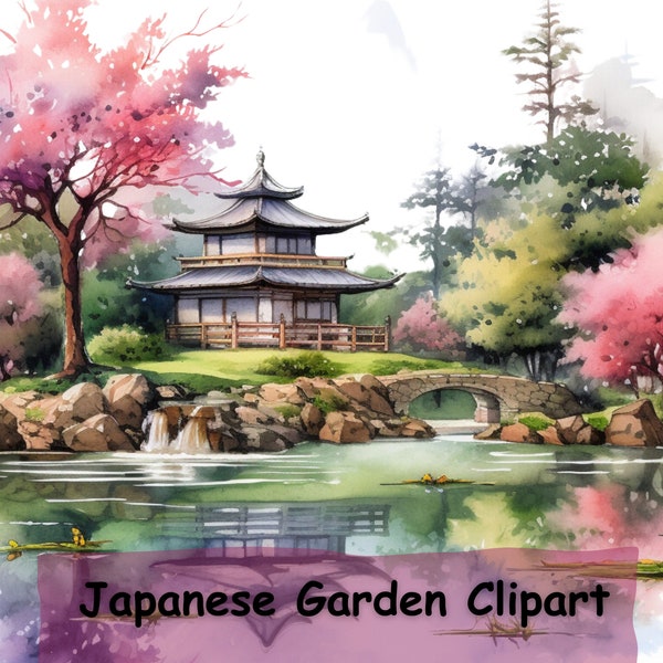 Japanese Garden Clipart, 12 High Quality PNGs, Watercolor Art, Digital Download, Card Making, Digital Paper Craft, Sublimation