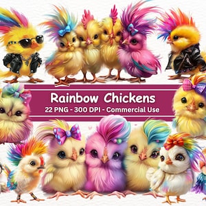 Pollos arcoíris divertidos, conjunto de 22 PNG, pelo desordenado de chicas lindas, pollo motero con mohawk, sublimación de pollo loco tonto