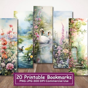 Tuin afdrukbare bladwijzerbundel, set van 20 PNG's, JPG-bladen, aquarelbloem, zwaan, vogel, bladwijzerset, bloemensublimatie, commercieel gebruik