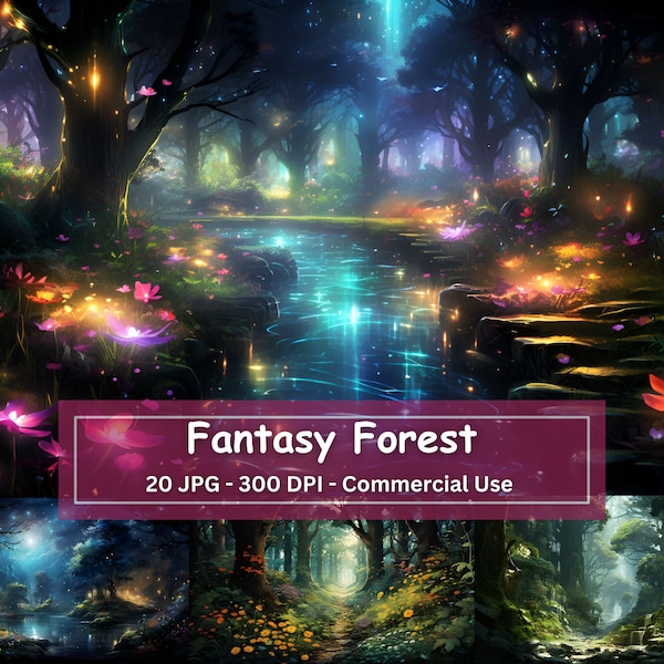 Enchanted Forest Digital Paper Bundle, Fantasy Magical Mystery Forest Digital Paper Set Of 20 JPG, Virtual Background, 1920x1080 px, 16:9 AR