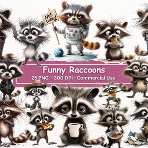 Bundle de cliparts drôles de ratons laveurs, lot de 25 images PNG, fond Transparent, illustrations idiotes de ratons laveurs insolites, fabrication de cartes, sublimation