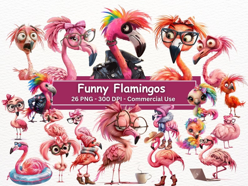 May include: A set of 26 digital illustrations of pink flamingos with various expressions and accessories. The flamingos are wearing glasses, hats, and other items. The illustrations are in PNG format and are 300 DPI. They are for commercial use.