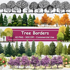 Pacote de bordas de clipart de árvores em aquarela, conjunto de 42 PNG, elementos de scrapbooking da natureza, árvores frutíferas, uso comercial