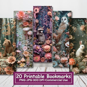 3D Verzauberter Garten druckbares Lesezeichen-Bundle, Set mit 20 PNG / JPG, Sublimation, Fantasy Blumen Lesezeichen, Waldtiere, Drucken und Schneiden