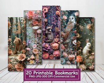 Enchanted Garden Bookmarks: Floral Woodland Animals (PNG/JPG Digital Download)