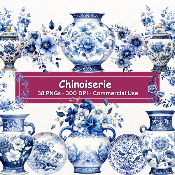 Chinoiserie Vase, Blume, Ingwer Jar Clipart Aquarell Grafiken Bundle, 38 PNG Set, blaue Blumen, Delft Porzellan, kommerzielle Nutzung