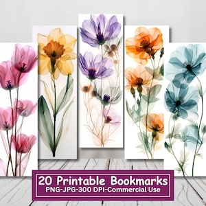 Lichtdurchlässige Aquarellblumen druckbare Lesezeichen-Bundle, Set mit 20 PNG / JPG-Lesezeichen-Designs, Sublimieren, Blumendruck und Schnitt