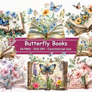 Puede incluir: Un conjunto de 24 ilustraciones digitales de libros abiertos con mariposas y flores de acuarela. Los libros son de estilo vintage con páginas envejecidas y detalles florales. El texto de la imagen dice "Butterfly Books 24 PNG - 300 DPI - Commercial Use".
