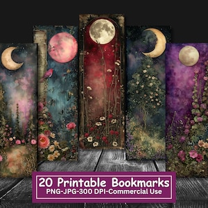 Moonlit Garden druckbare Lesezeichen-Bundle (Set 2), Set aus 20 PNG / JPG, Sublimation, Fantasy Floral Lesezeichen, magische Blumen, Print und Cut