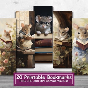 Schattige muis met boeken afdrukbare bladwijzerbundel, JPG print- en knippagina's, 20 PNG-bladwijzersublimatie, leesmuizen, commercieel gebruik