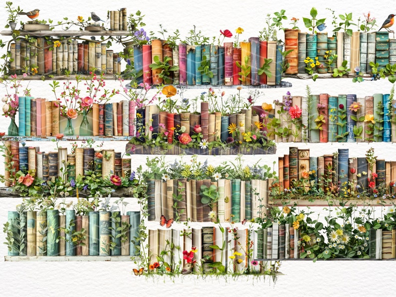 May include: A vintage bookshelf filled with colorful books, adorned with blooming flowers and small birds. The bookshelf is made of wood and has a rustic, antique look.