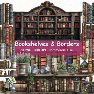 May include: A collection of 33 digital images featuring antique-style bookshelves and borders. The images are high-resolution (300 DPI) and perfect for crafting, scrapbooking, and digital design projects.  The images feature a variety of styles, including ornate, rustic, and vintage.