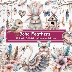 Boho Feathers Clipart Bundle 42 PNG Set, arte de berçário, download digital, criação de cartões, clipart de penas, artesanato em papel digital, corações, pássaros