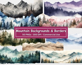 Akvarell bergskanter och bakgrunder: Natur Clipart Set (digital nedladdning)