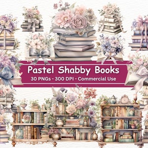 Paquete de imágenes prediseñadas de acuarela de libros en estilo shabby chic pastel, conjunto de 30 PNG, libros, diarios y manualidades digitales con motivos florales de Coquette Cottage Core