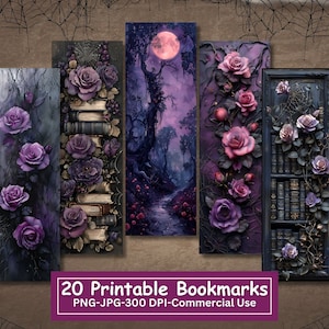 Pacote de marcadores para impressão de livros e rosas góticas roxas, conjunto de 20 PNG/JPG, sublimação, Cricut, impressão e corte de silhueta, teias de aranha