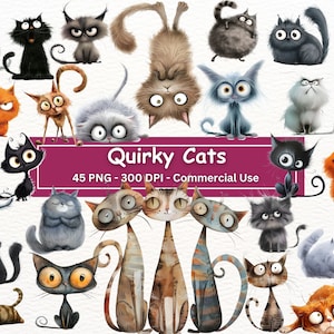 Bundle de cliparts chats originaux, 45 images PNG, fond Transparent, illustrations de chats rigolos, fabrication de cartes, sublimation, créations numériques en papier