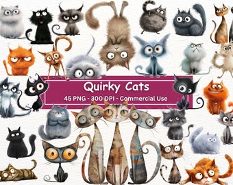 Quirky Cats Clipart Bundle, 45 PNG Set, Transparent Background, Silly Funny Cat Illustrations, Card Making, Sublimation, Digital Paper Craft