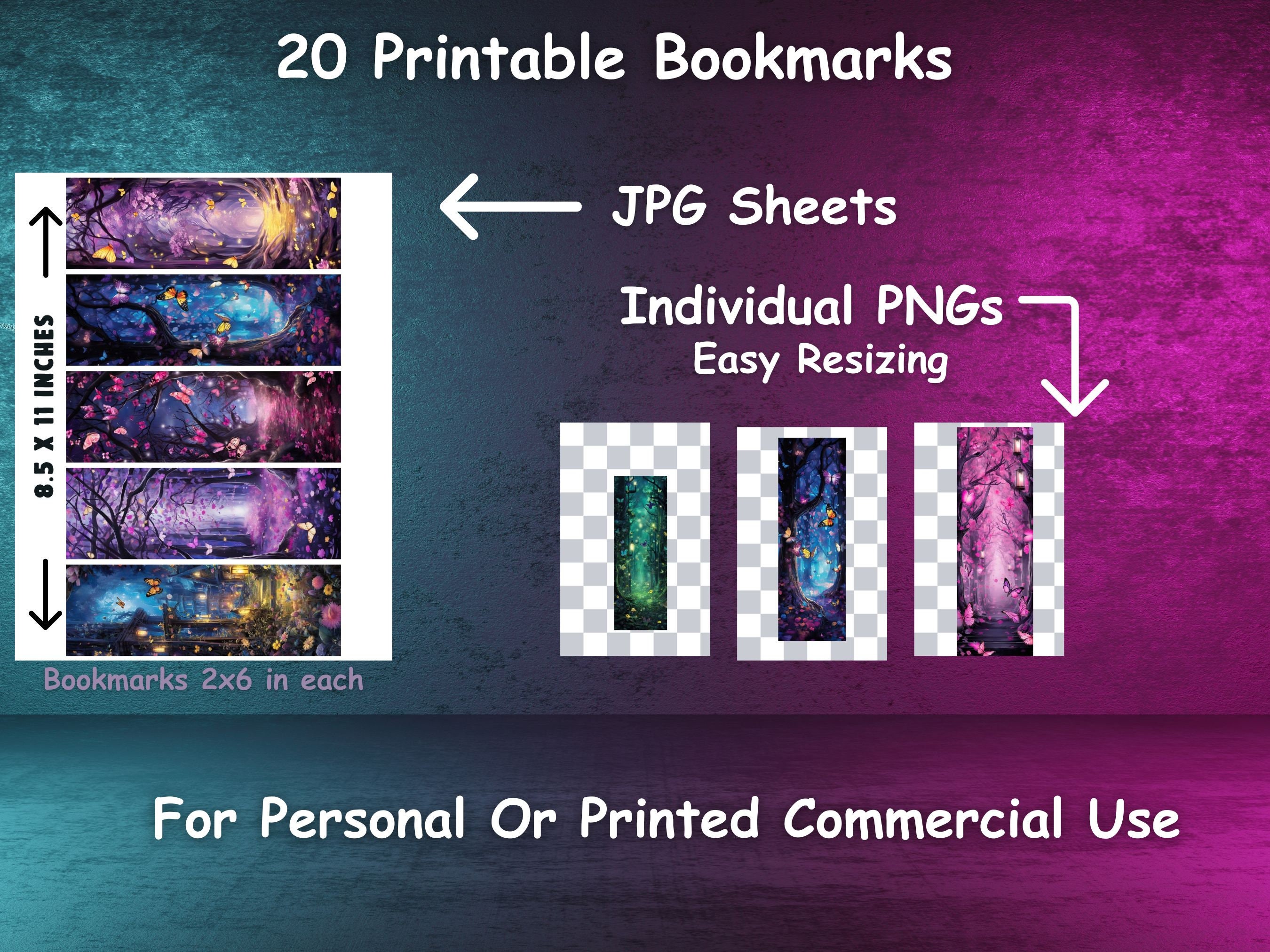 Butterfly Forest Printable Bookmarks: Fantasy Art, Set of 20 (digital ...