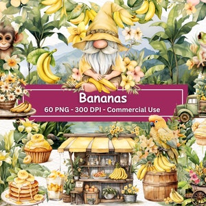Pacchetto di clipart di banane ad acquerello, set PNG di 60, clipart di banane, frutta, palme, cupcakes, fiori tropicali, amaca, uso commerciale