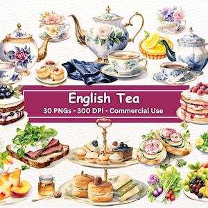Pacchetto di clipart del tè inglese dell'acquerello, set di 30 pacchetti PNG, clipart di focaccine, clipart di dessert, clipart di cibo, clipart di dolci, uso commerciale