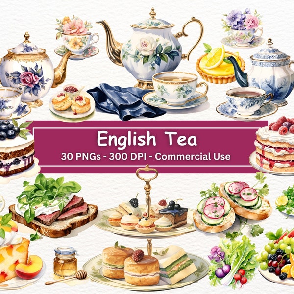 Watercolour English Tea Clipart Bundle, 30 PNG Bundle Set, Scones Clip Art, Dessert Clipart, Food Clipart, Sweets Clipart, Commercial Use