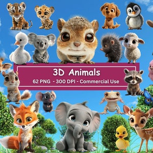 3D Tiere Clipart Bundle, PNG Set von 62, Elefant, Giraffe, Hirsch, Vogel, Igel, Schmetterling, Fuchs, Koala, Ente, Waschbär, Lamm, Pinguin, Hund