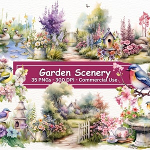 Aquarel tuin landschap clipart bundel, 35 PNG-afbeeldingen, commercieel gebruik, bloementuin digitale download, junk Journal, scrapbook, plant PNGs