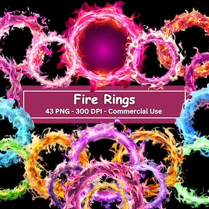 Pacchetto clipart ghirlande di fuoco e fiamme al neon, set PNG di 43 con sfondi trasparenti più 16 bonus JPG, anelli di fuoco circolari, uso commerciale