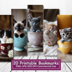 Pacchetto segnalibri stampabili con gattini da tazza da tè, pagine JPG da stampare e tagliare, 20 segnalibri PNG da sublimazione, gattini carini, uso commerciale