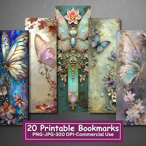 Fantasy Butterfly afdrukbare bladwijzerbundel, set van 20 PNG/JPG, sublimatie, Cricut, silhouet print en knippen, commercieel gebruik
