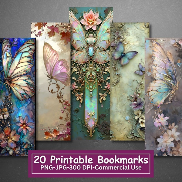 Fantasy Butterfly Printable Bookmarks Bundle, Set Of 20 PNG/JPG,  Sublimation,  Cricut,  Silhouette Print And Cut, Commercial Use