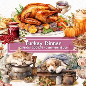 Southern Country Turkey Dinner Watercolor Clipart Bundle, 42 PNG Set, Rustic Farmhouse Thanksgiving Dinner, Fall Desserts, Commercial Use