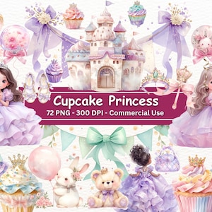 Cupcake Fairytale Princess aquarel clip art bundel, 72 PNG set plus bonus, kinderkunst, kasteel, ballonnen, cupcakes, commercieel gebruik