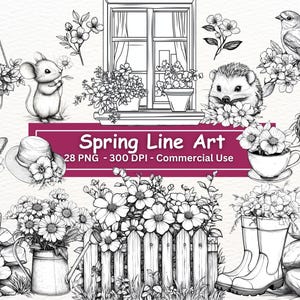 Lente lijntekeningen, 28 png-set, zwart-witte vogel met bloemen illustraties, tuin, planten, muis, stekelvarken, vlinder, transparante achtergrond