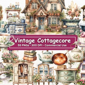 Pacote de clipart vintage Cottagecore, conjunto PNG de 55, fundo transparente, casa de campo rústica em aquarela, cama, clipart de cadeira, uso comercial