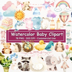Acuarela Bebé Clipart, 78 PNG Set, Vivero Animal Clip Art, Baby Shower, Sol, Luna, Oso, Elefante, Cisne, Lindos Animales Bebé, Sublimación
