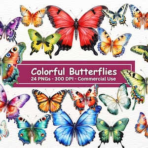 Bundle de cliparts papillons colorés, 24 PNG, fond Transparent, fabrication de cartes, créations numériques en papier, téléchargement immédiat, usage commercial