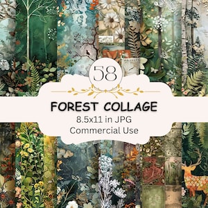 Papel digital de collage de bosque imprimible, tarjetas de bosque, descargar diario basura, scrapbooking, hermosos papeles decorativos de bosque