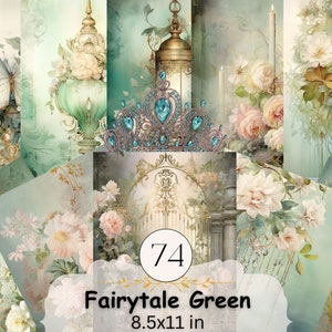 Pacchetto di carta per diario spazzatura da favola verde, download digitale istantaneo, carta fantasy mista, scrapbooking, bella carta decorativa