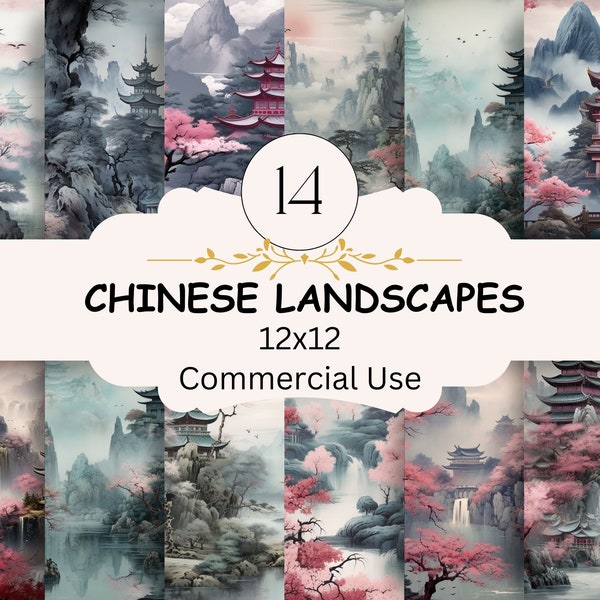 Chinese aquarel digitale achtergrond, China landschap achtergrond, Instant Download digitale papier, reis achtergrond, commercieel gebruik