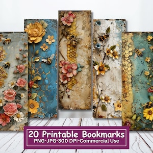 Shabby Bee druckbare Lesezeichen-Bundle, Set mit 20 PNG / JPG, Distressed Floral Bees Sublimation, Cricut, Silhouette Print und Schnitt
