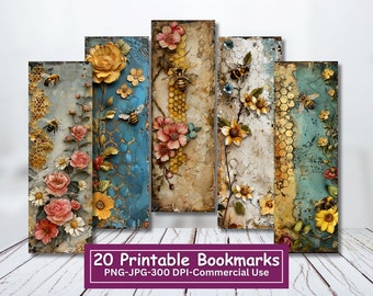 Shabby Chic Bee Bookmarks: Floral Distressed Style (PNG/JPG Digital Download)