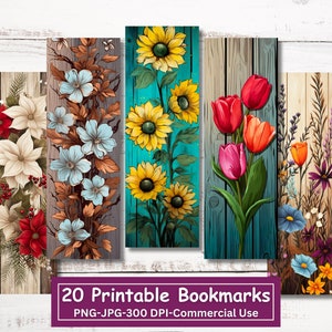 Rustic Flowers On Wood Printable Bookmarks Bundle, Set Of 20 PNG/JPG Floral Bookmark Designs, Sublimate, Print and Cut, Commercial Use